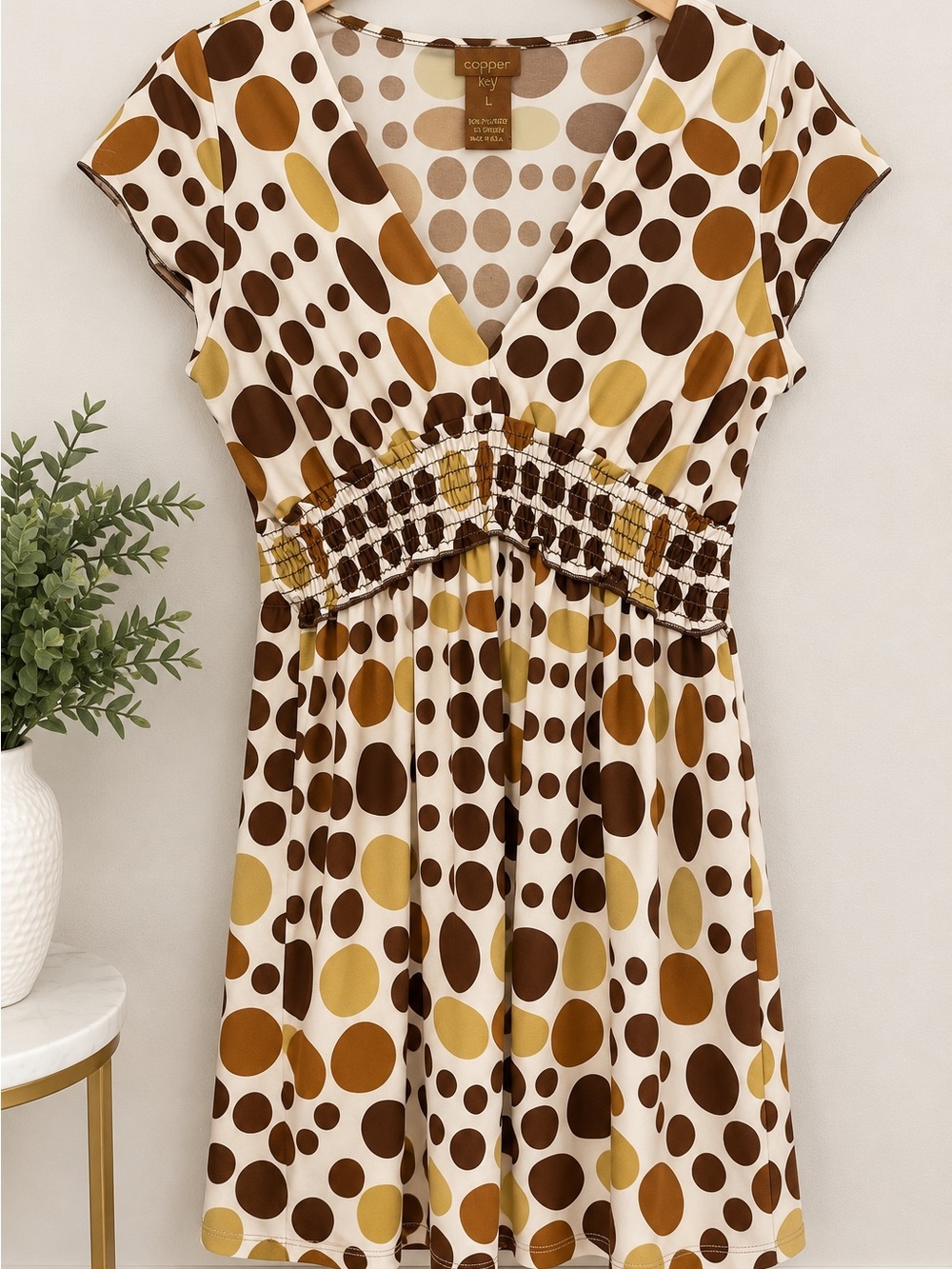 Copper Key Retro Geometric Smocked Waist Dress Size L